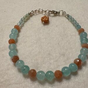 Elegant Aquamarine and Peach Moonstone Beaded Bracelet 7.5 inches